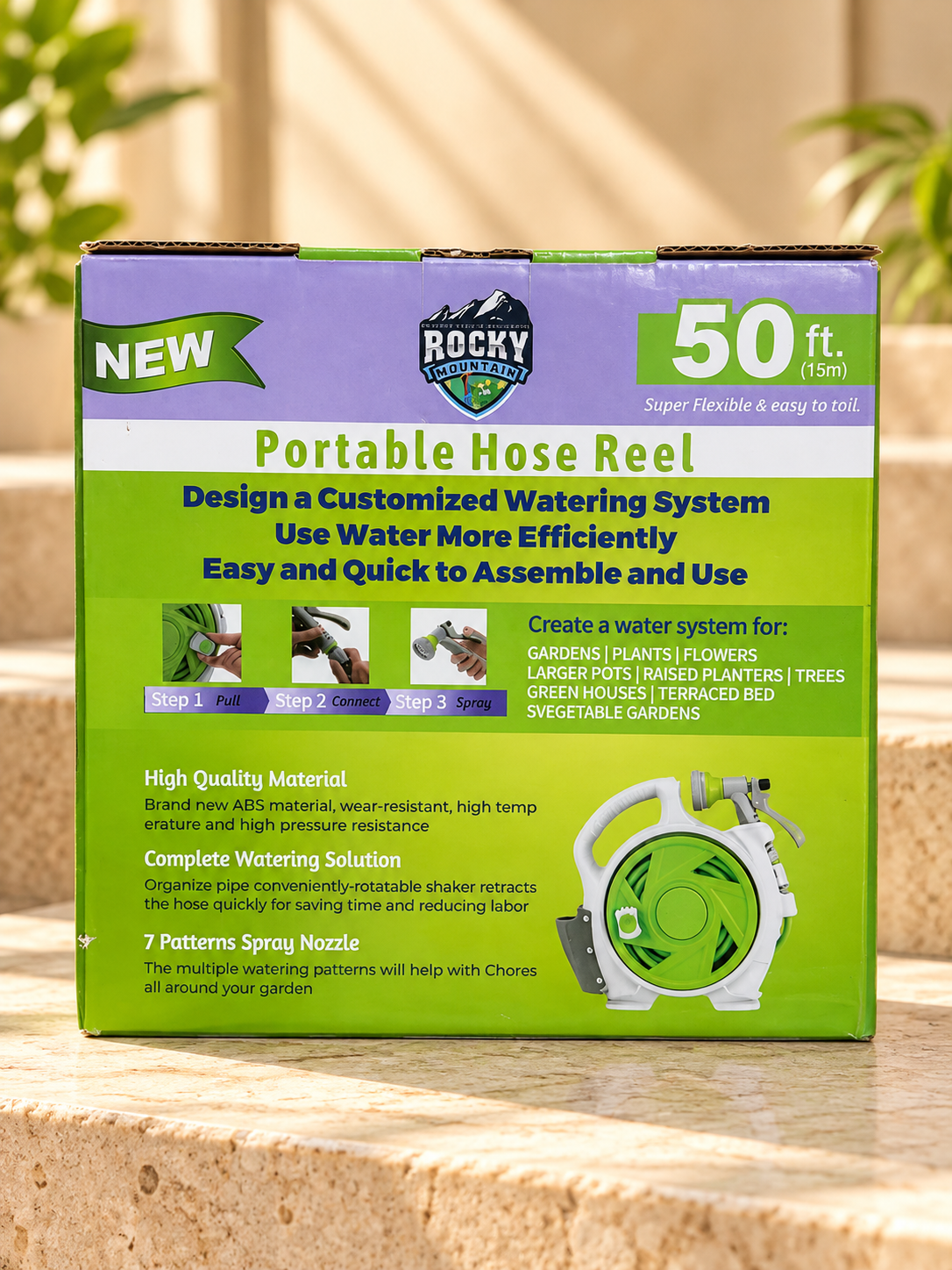 Rocky Mountain 50 ft Portable Hose Reel with 7-Pattern Spray Nozzle - Main features