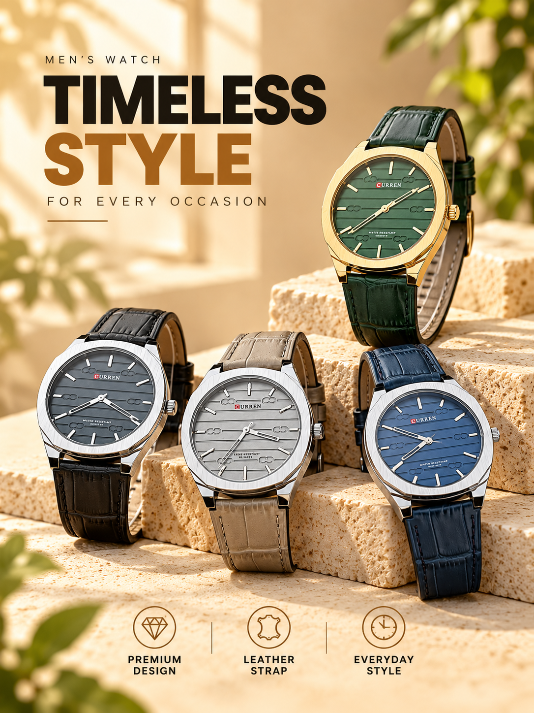 CURREN Men's Premium Analog Watch – Green, Blue, Grey & Black Leather Strap Collection - Lifestyle