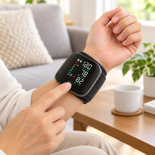 Digital wrist blood pressure monitor being used at home