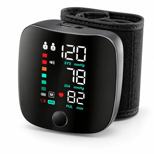 Digital wrist blood pressure monitor on a clean white background