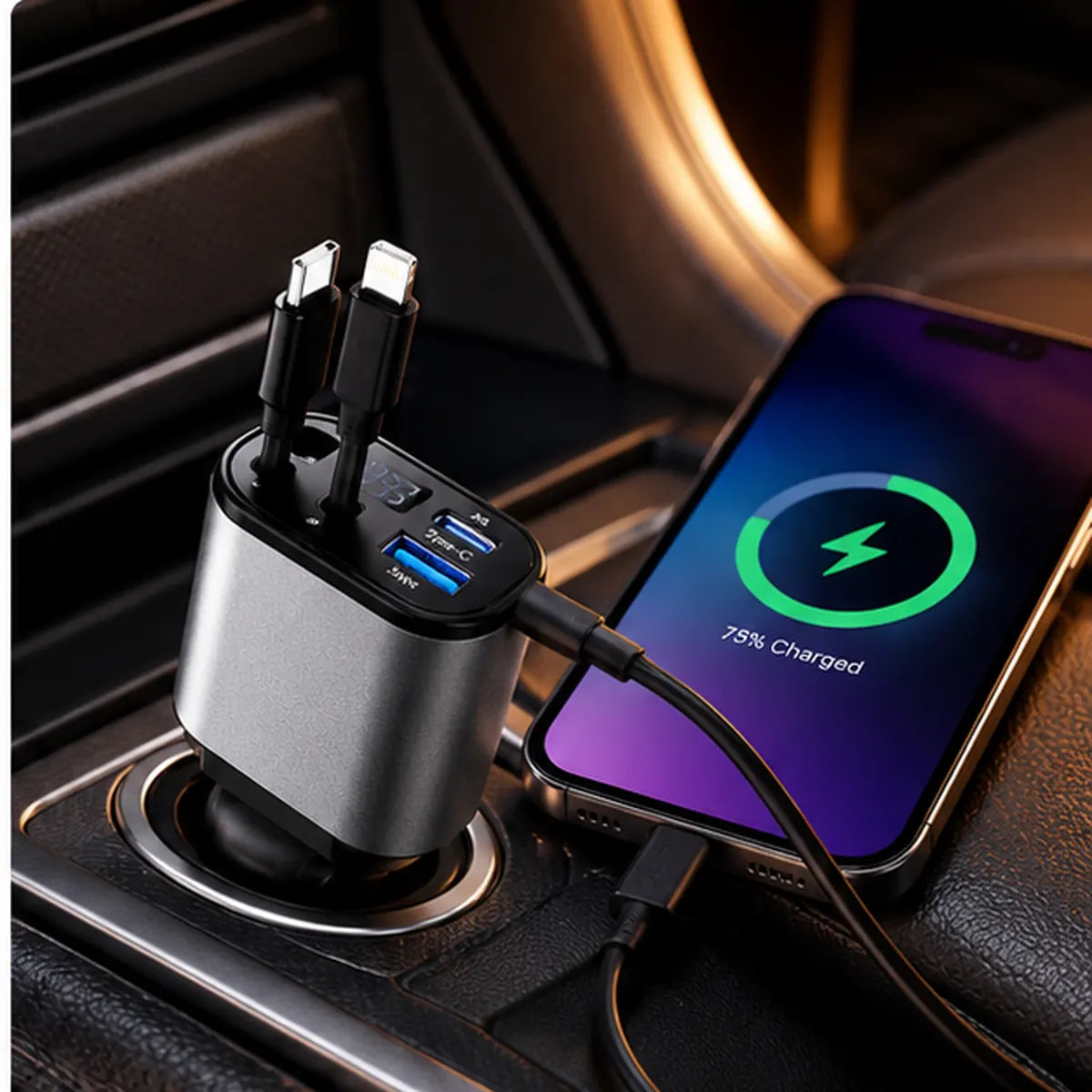 4-in-1 car charger installed in a car console charging a phone