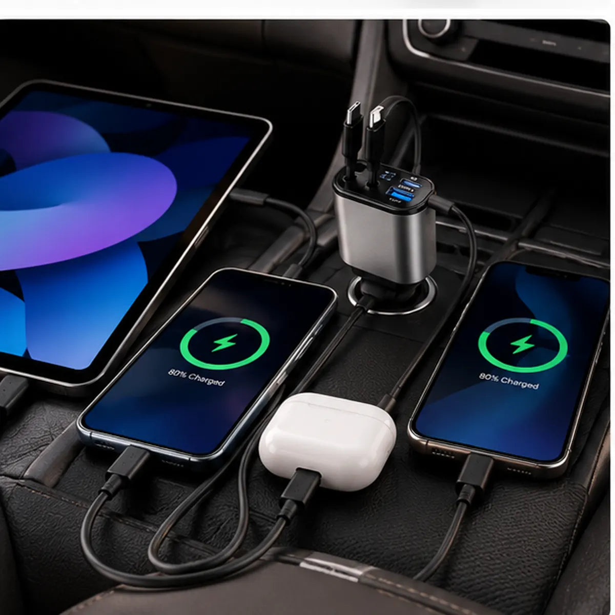 4-in-1 car charger charging multiple devices in a car