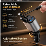 4-in-1 car charger with retractable built-in cables