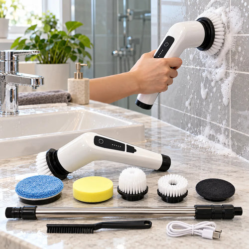 Rechargeable electric cleaning brush being used on bathroom wall tiles