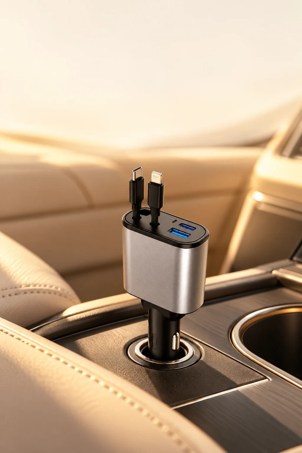 A compact 4-in-1 charger with built-in cables for the road.
