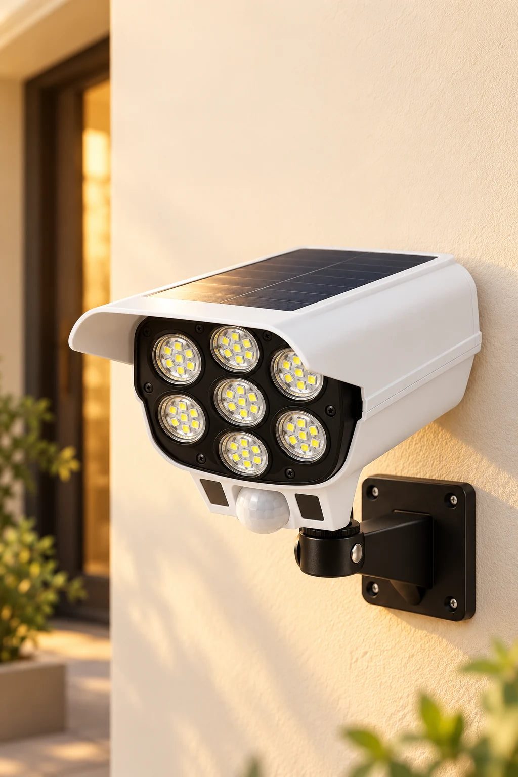 Solar-powered outdoor lighting with motion sensing and remote control.