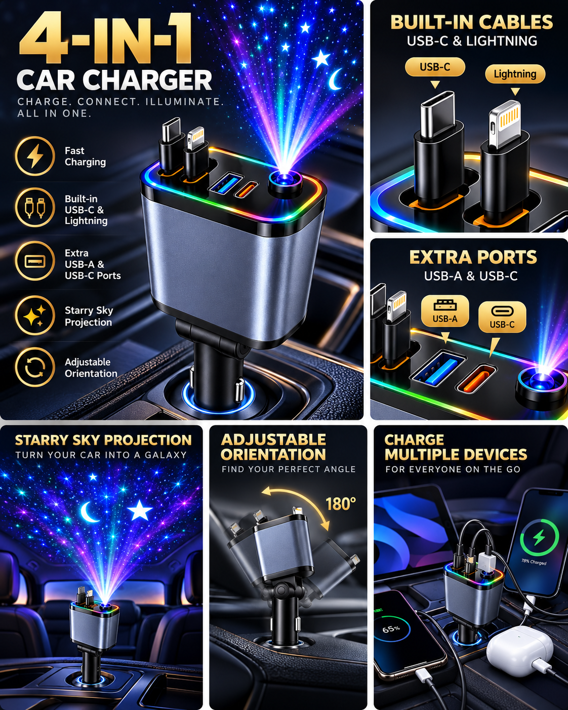 4-in-1 Starry Sky car charger features and laser projection