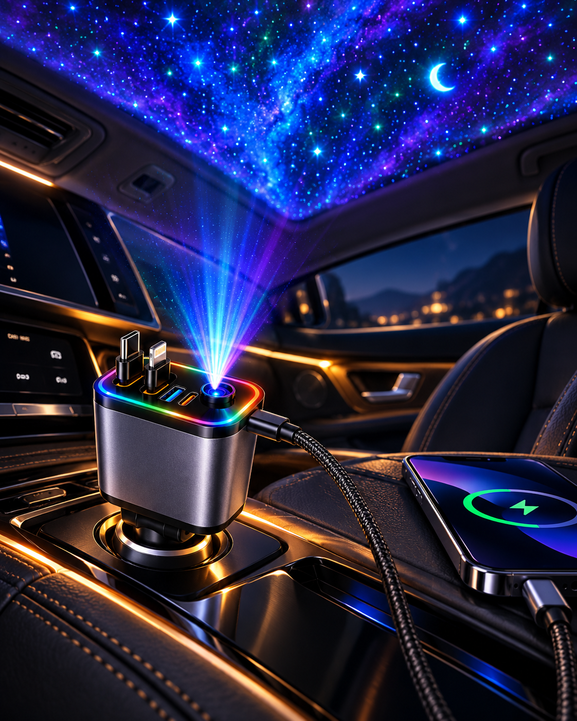 Starry Sky car charger projecting lights on a car roof at night