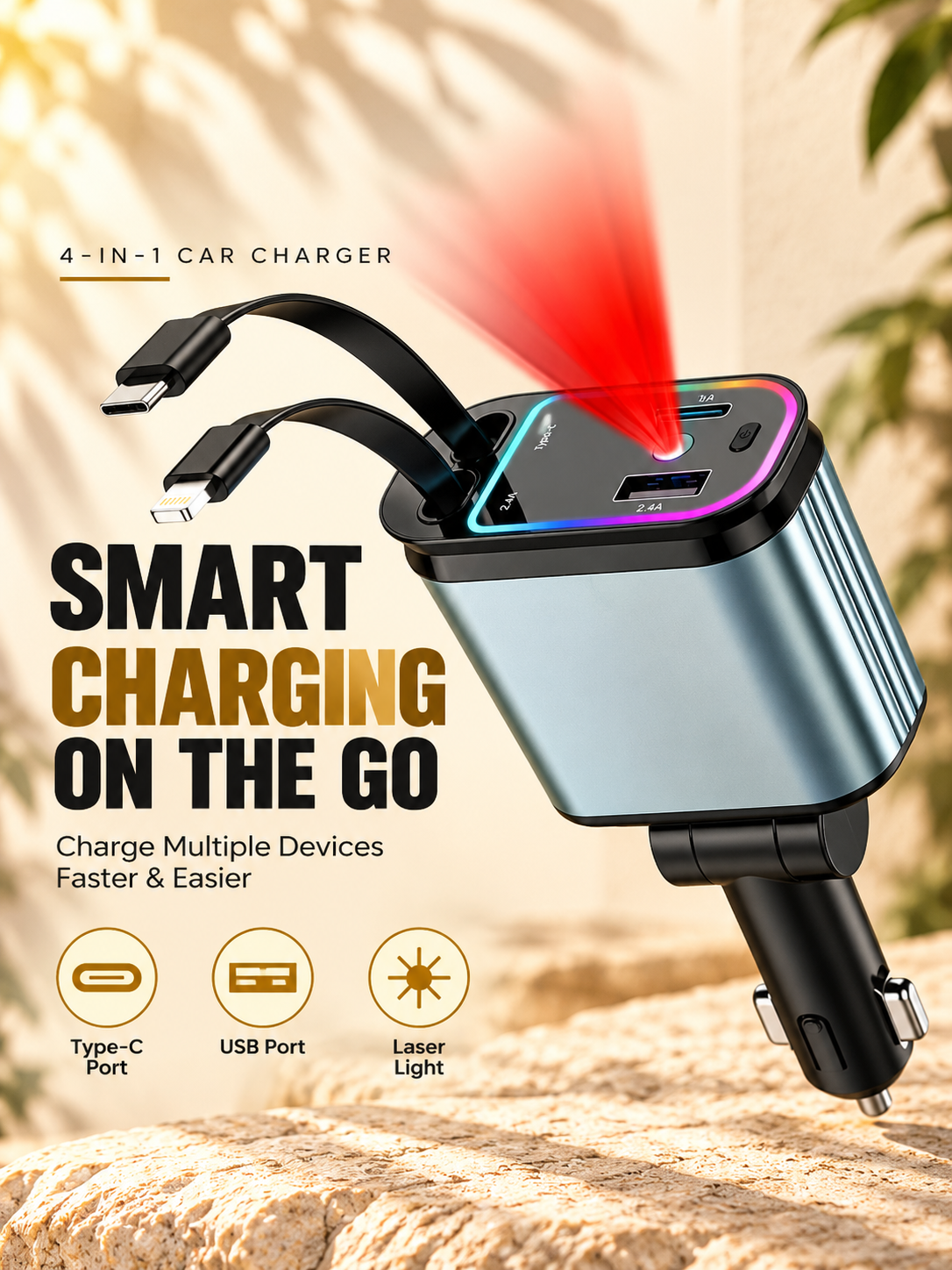 4in1 Universal Car Charger with Dual USB Ports & RGB LED Light - Lifestyle