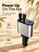 4-in-1 120W Super Fast Car Charger with Dual Cables & USB Ports
