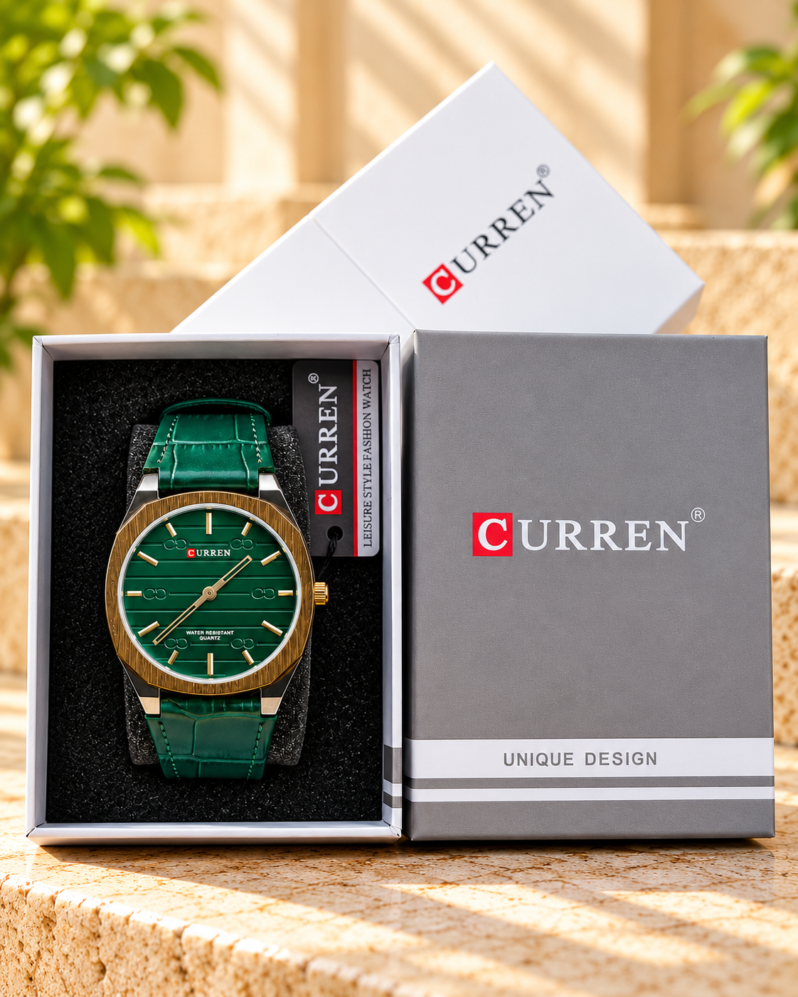 CURREN Men's Premium Analog Watch – Green, Blue, Grey & Black Leather Strap Collection