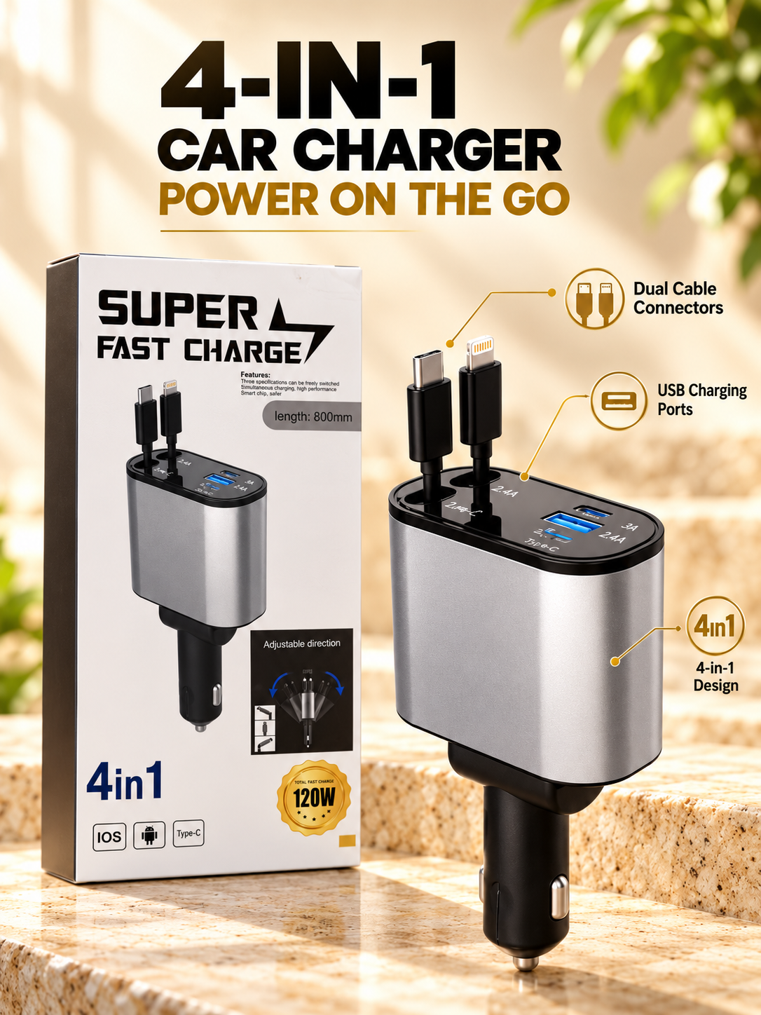 4-in-1 120W Super Fast Car Charger with Dual Cables & USB Ports - Main features