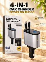 4-in-1 120W Super Fast Car Charger with Dual Cables & USB Ports