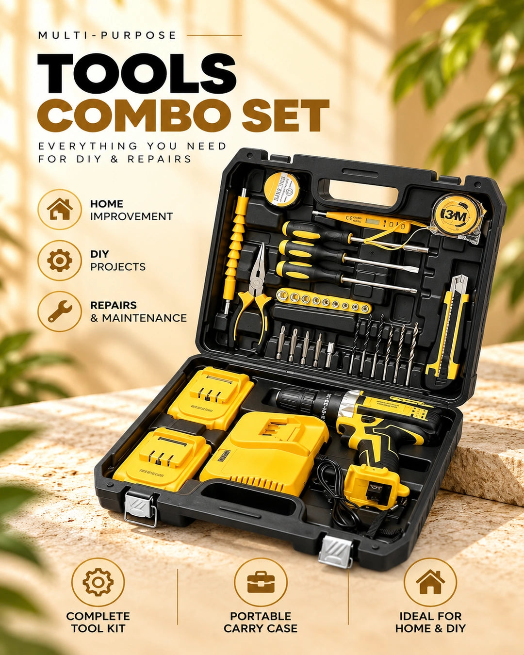 Cordless Power Tool Kit – Complete DIY & Home Repair Tool Set with Drill, Batteries & Accessories
