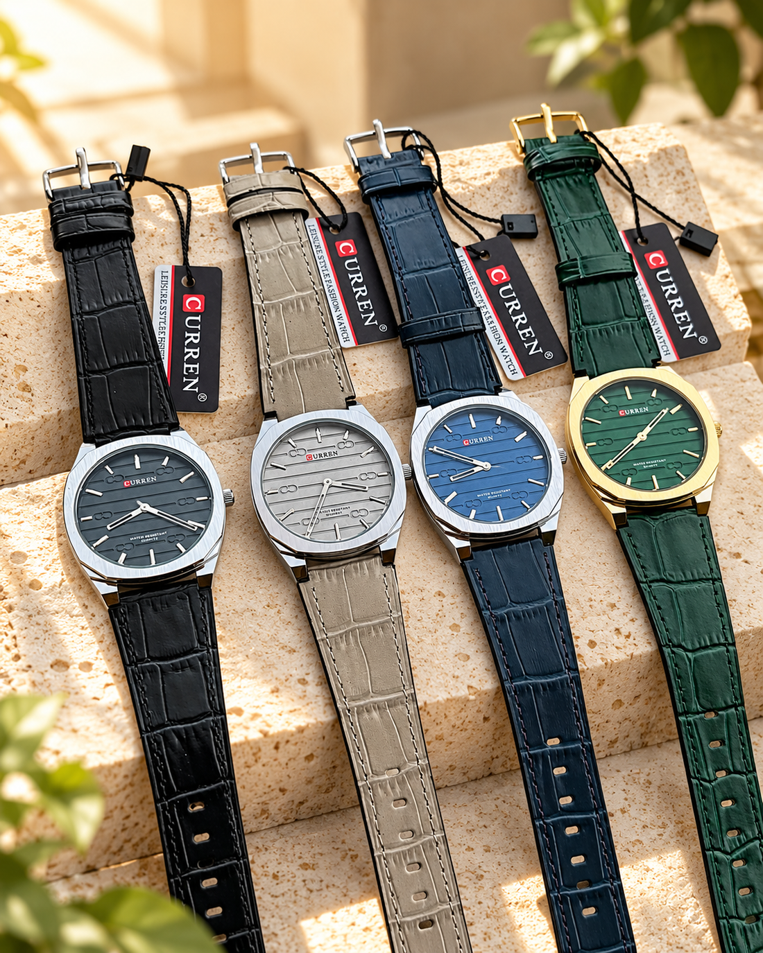 CURREN Men's Premium Analog Watch – Green, Blue, Grey & Black Leather Strap Collection - Main features