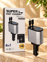 4-in-1 120W Super Fast Car Charger with Dual Cables & USB Ports